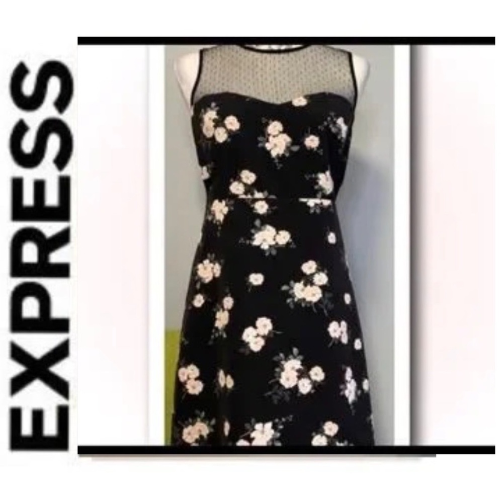 EXPRESS Black Floral Mini Dress with Illusion Neckline & Back/Size 8